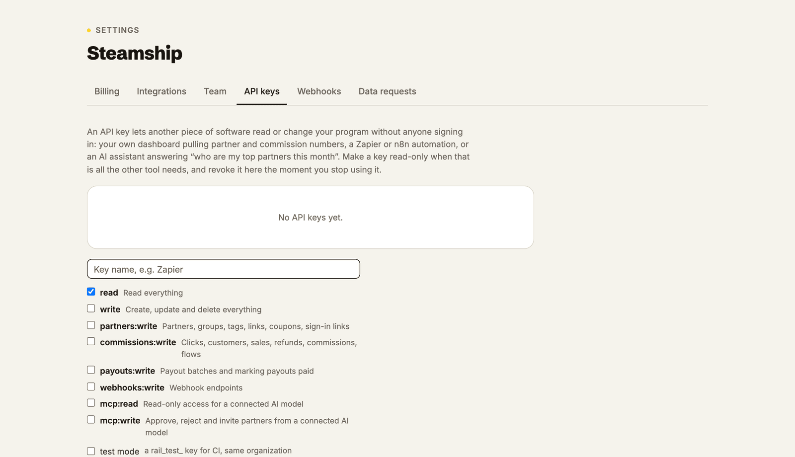 Settings, API keys, new key dialog with the scope picker