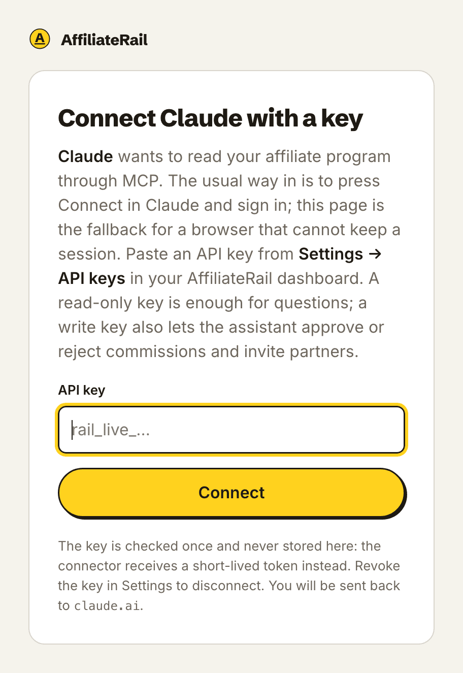The pasted-key page at /oauth/authorize/key, the fallback when a browser cannot keep a session